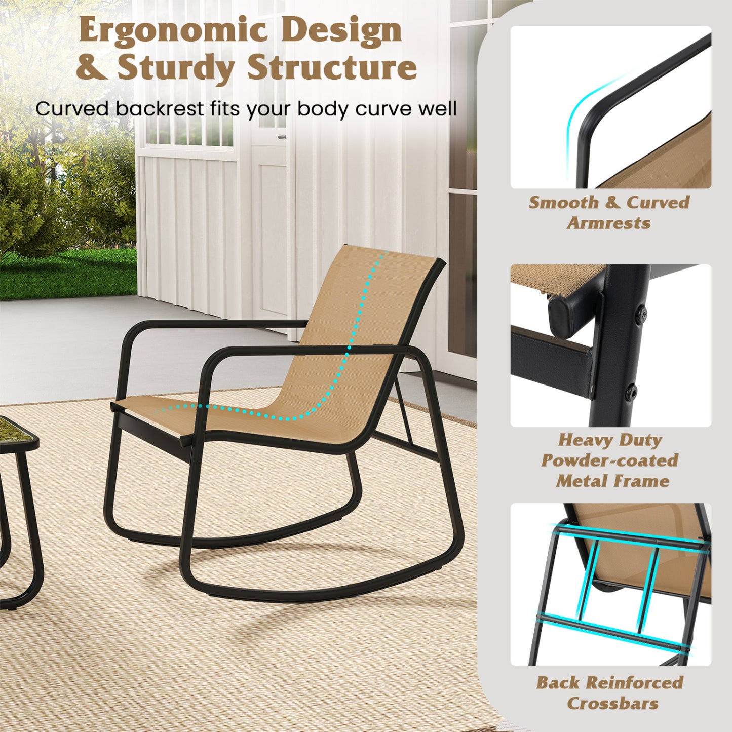 Rocking Bistro Set with Glass Table - 2 Chairs & Side Table