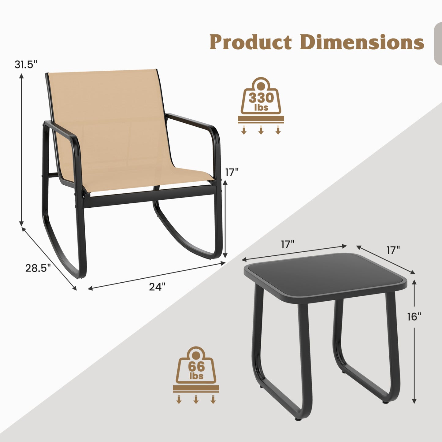 Rocking Bistro Set with Glass Table - 2 Chairs & Side Table