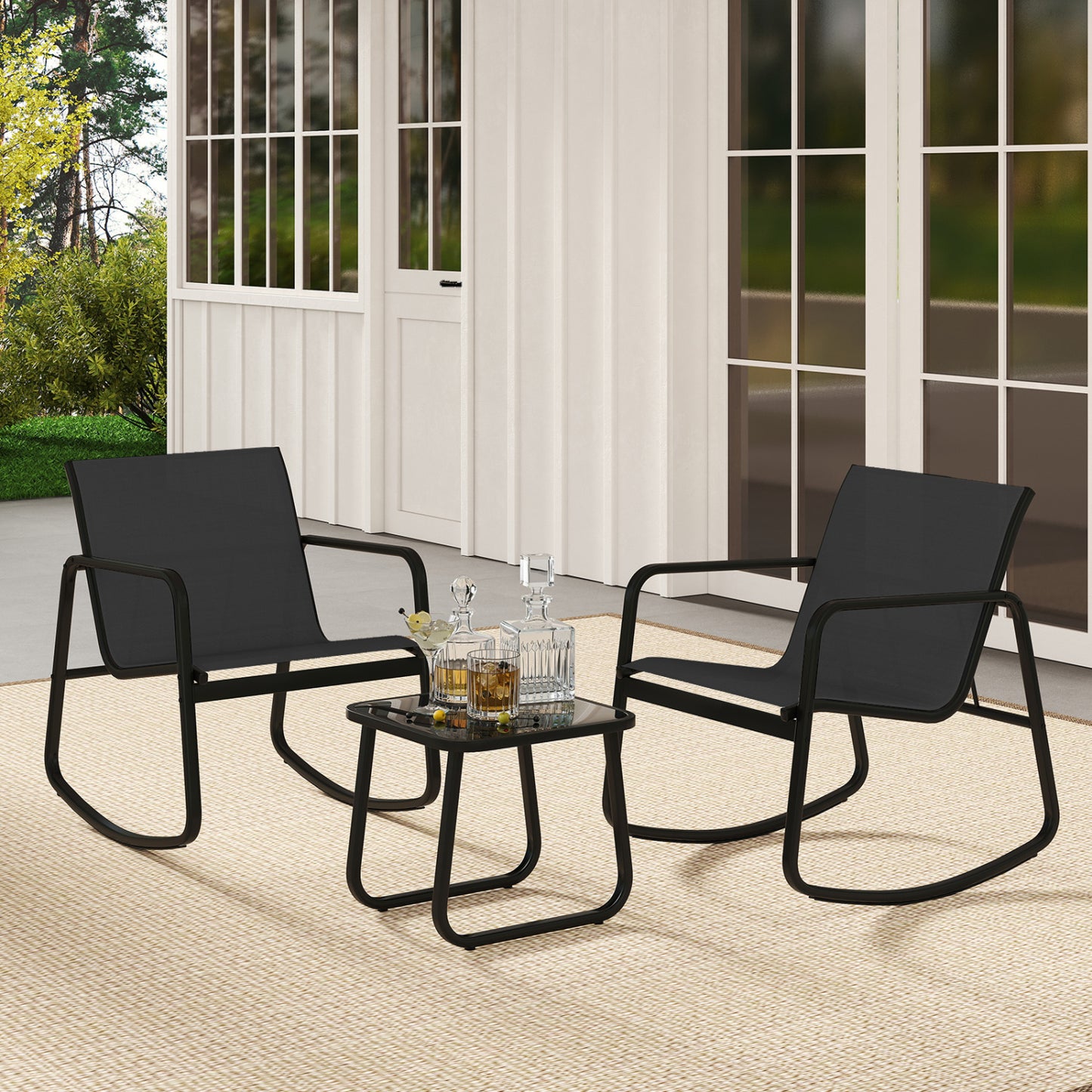 Rocking Bistro Set with Glass Table - 2 Chairs & Side Table