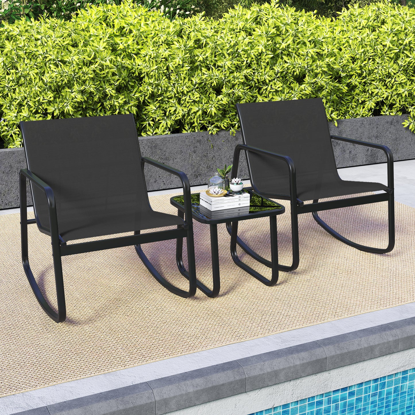 Rocking Bistro Set with Glass Table - 2 Chairs & Side Table