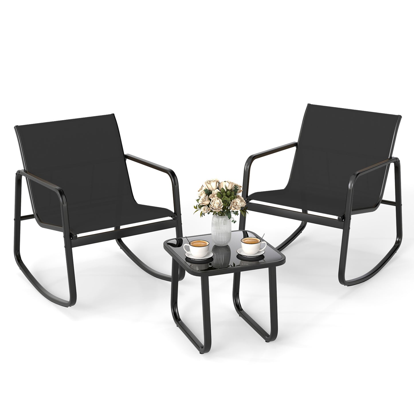 Rocking Bistro Set with Glass Table - 2 Chairs & Side Table