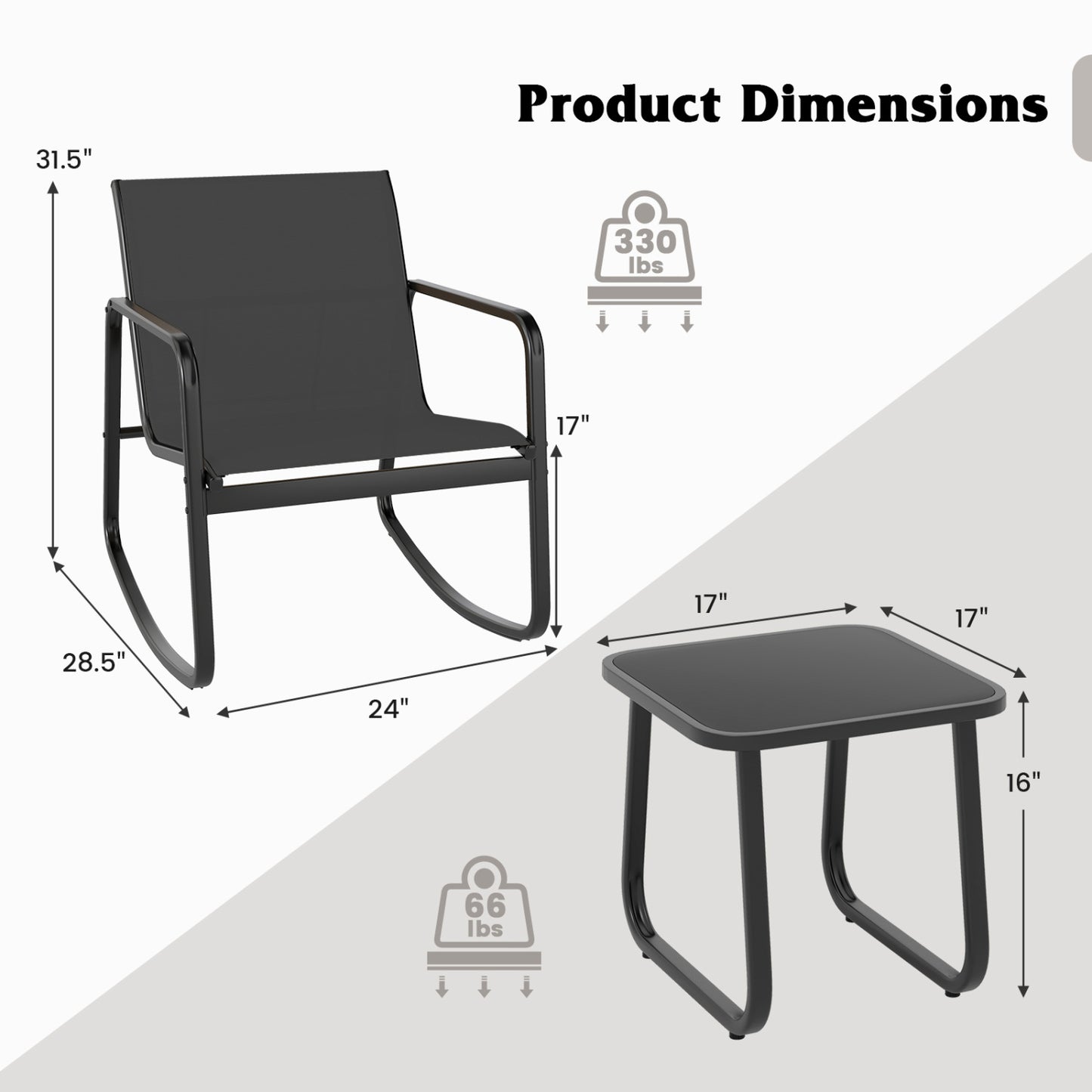 Rocking Bistro Set with Glass Table - 2 Chairs & Side Table