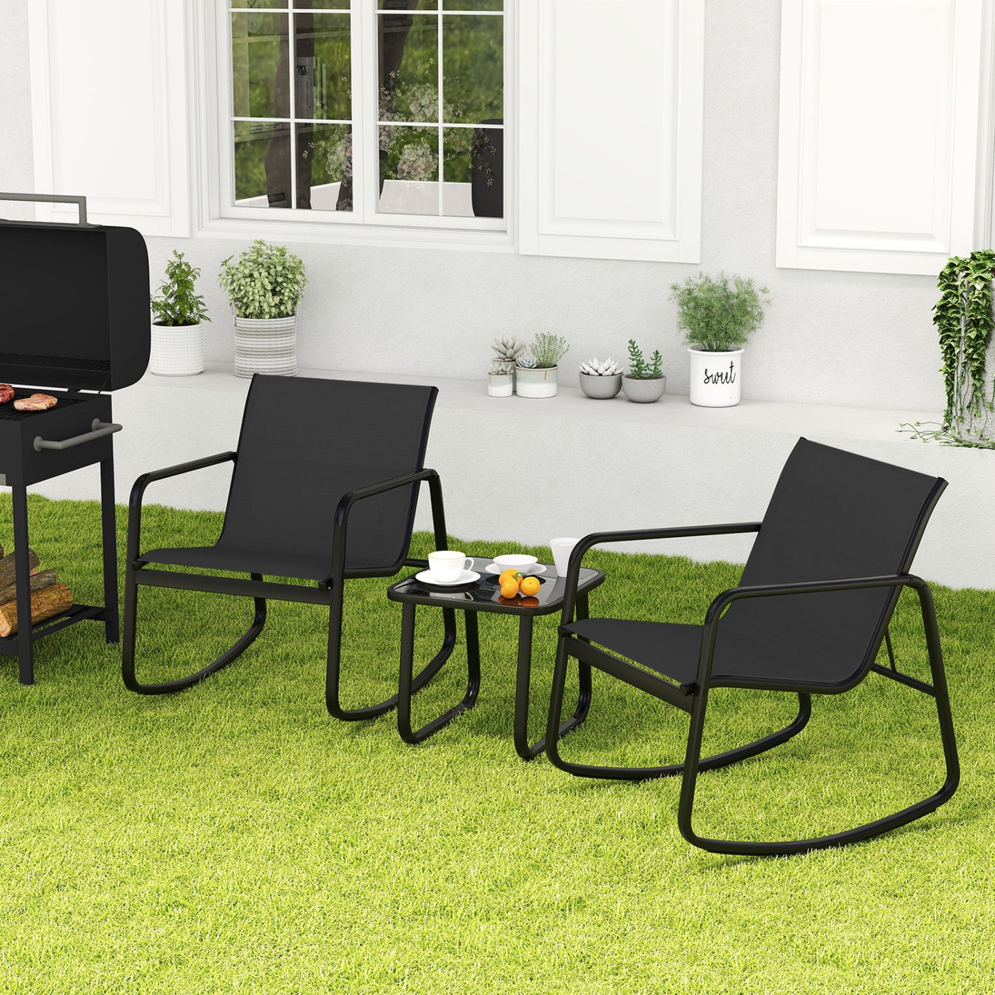 Rocking Bistro Set with Glass Table - 2 Chairs & Side Table