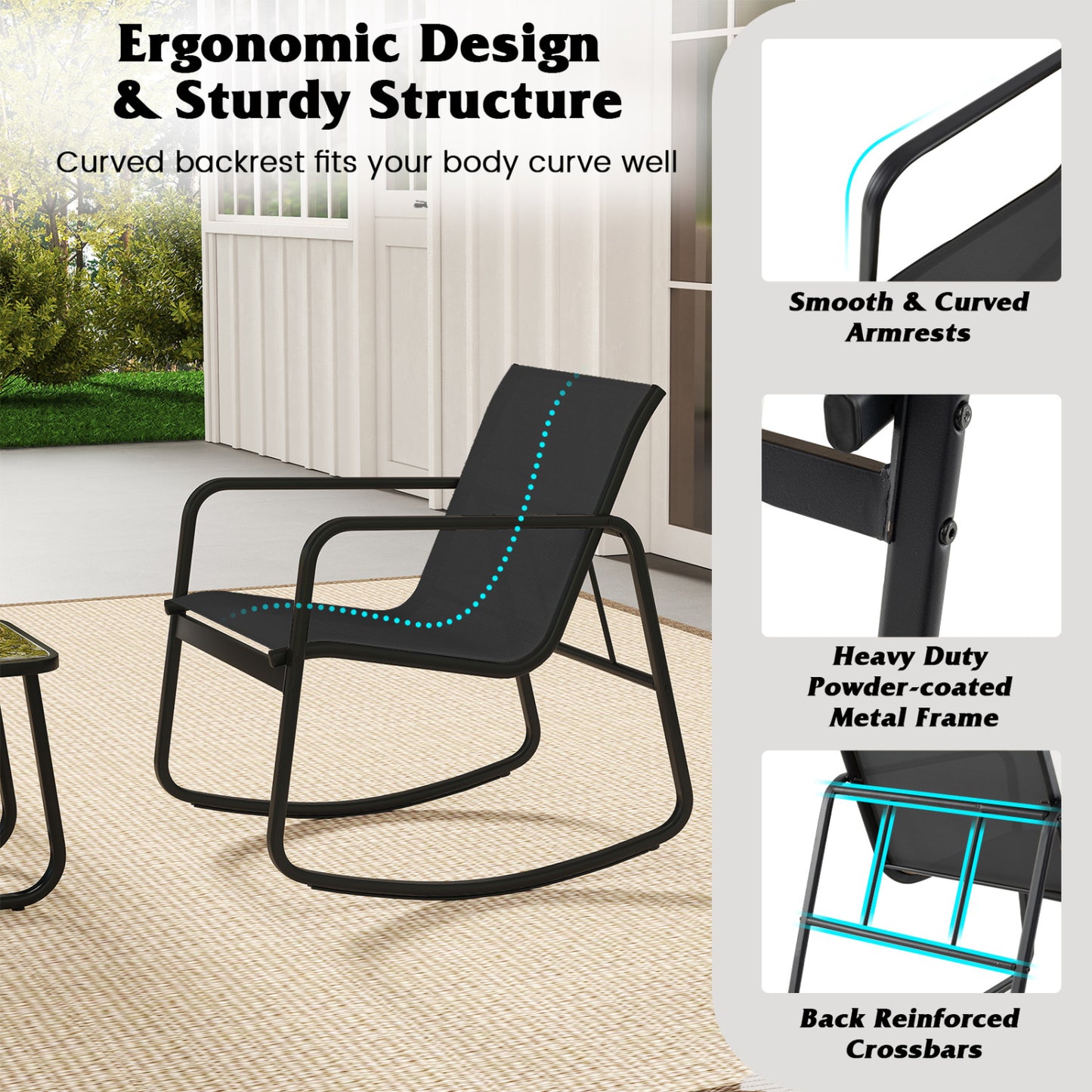 Rocking Bistro Set with Glass Table - 2 Chairs & Side Table