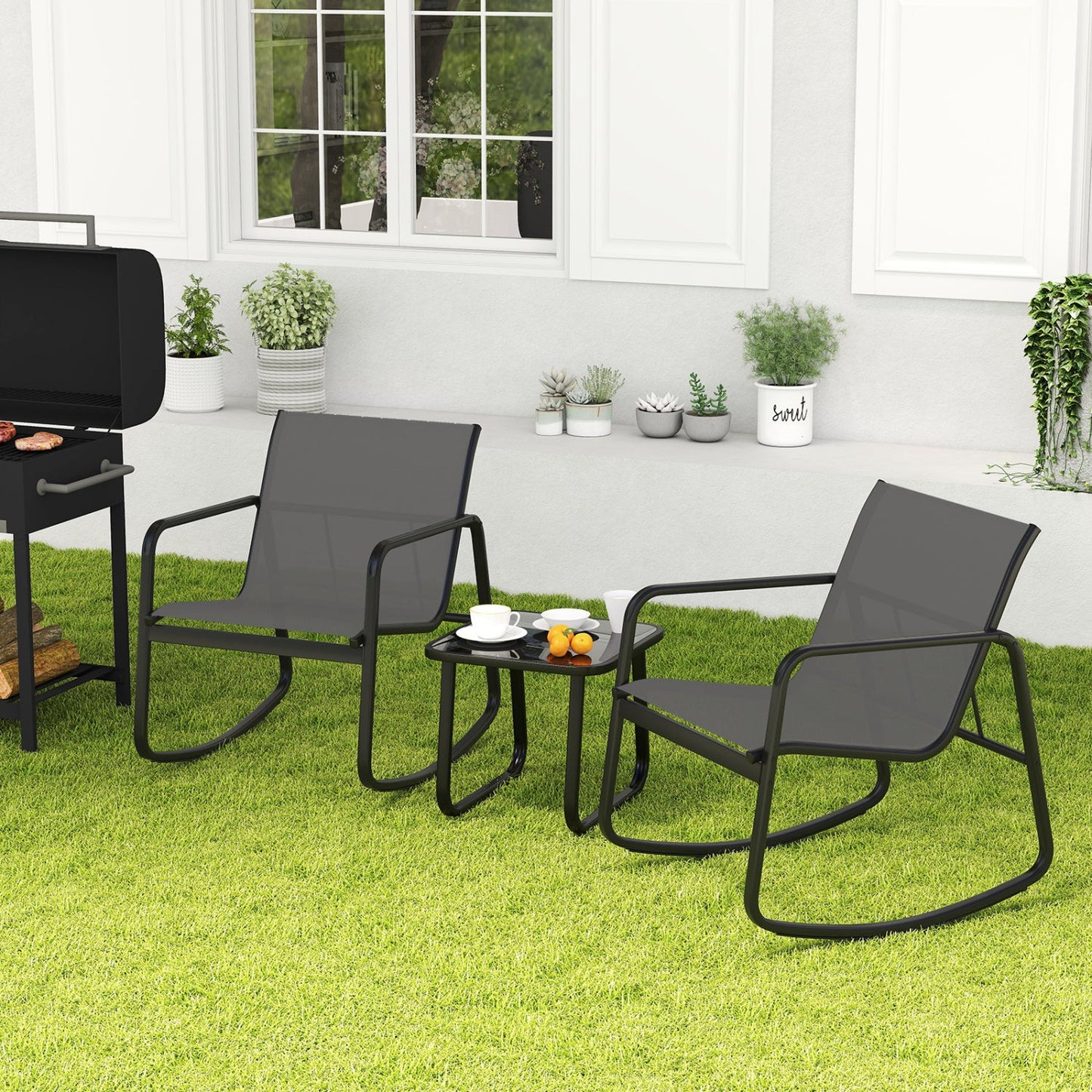 3-Piece Rocking Bistro Set with Glass Table for Patio
