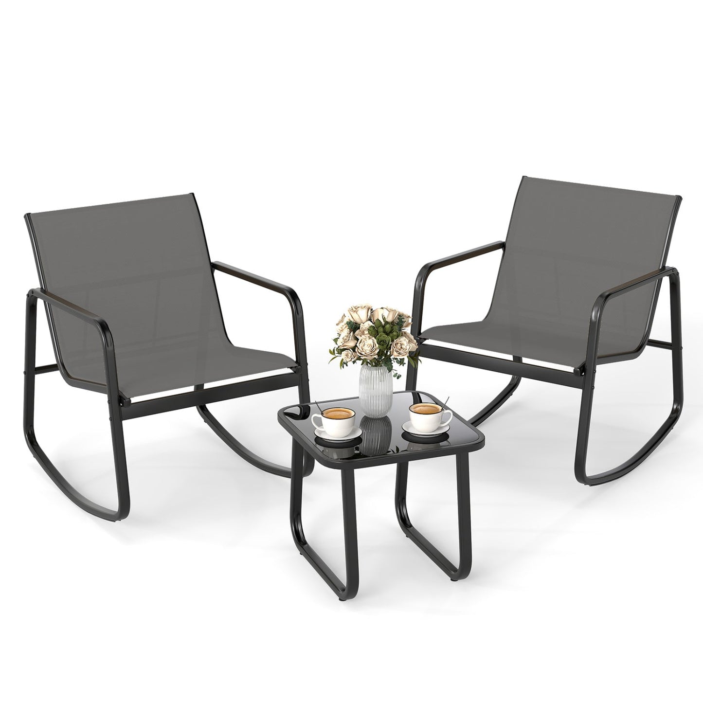 3-Piece Rocking Bistro Set with Glass Table for Patio