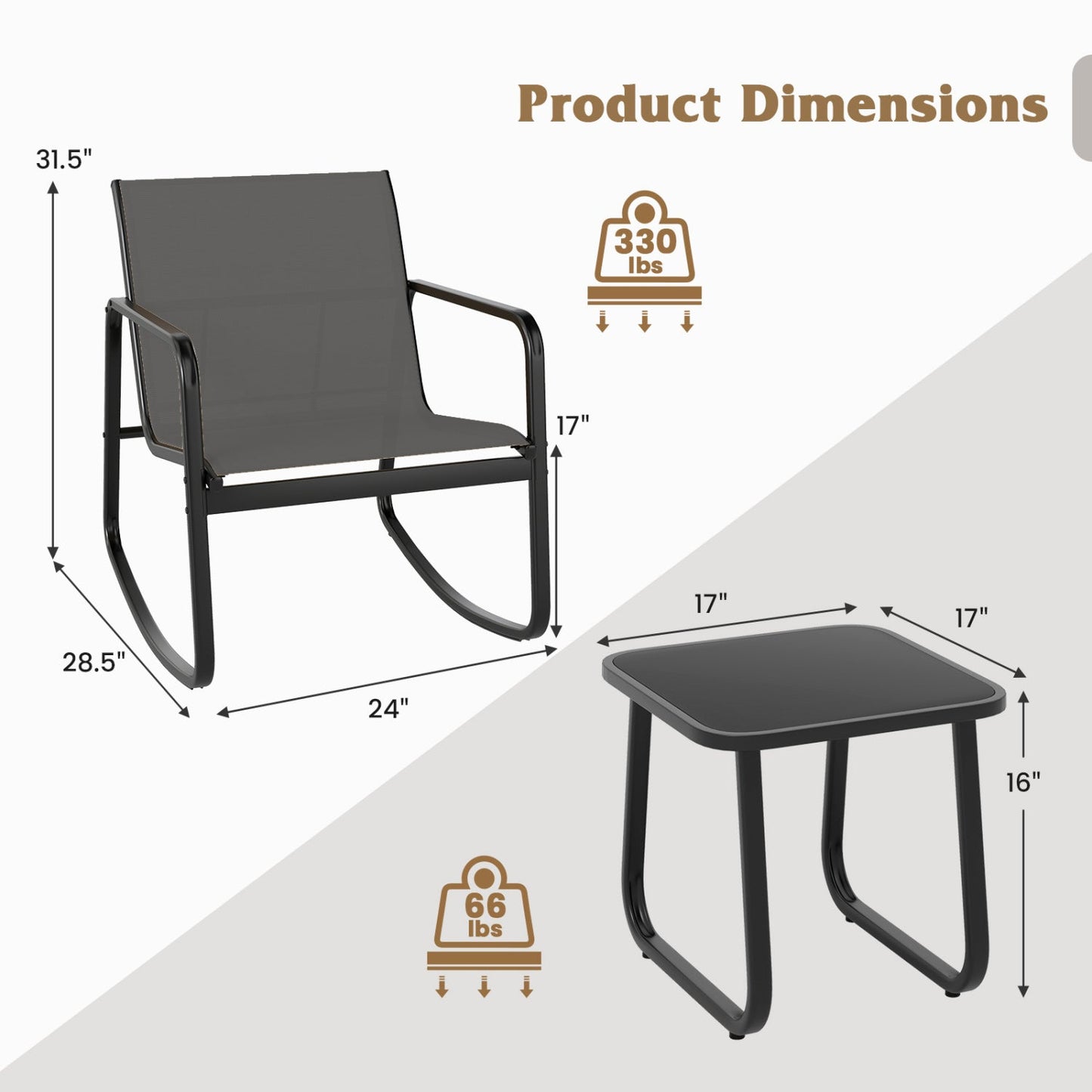 3-Piece Rocking Bistro Set with Glass Table for Patio