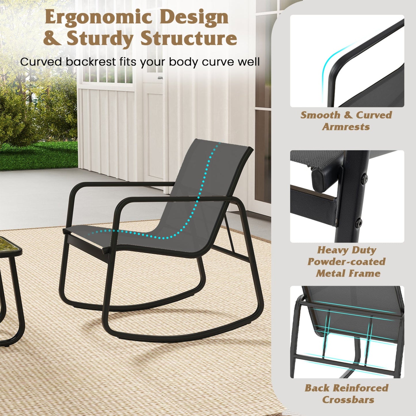 3-Piece Rocking Bistro Set with Glass Table for Patio