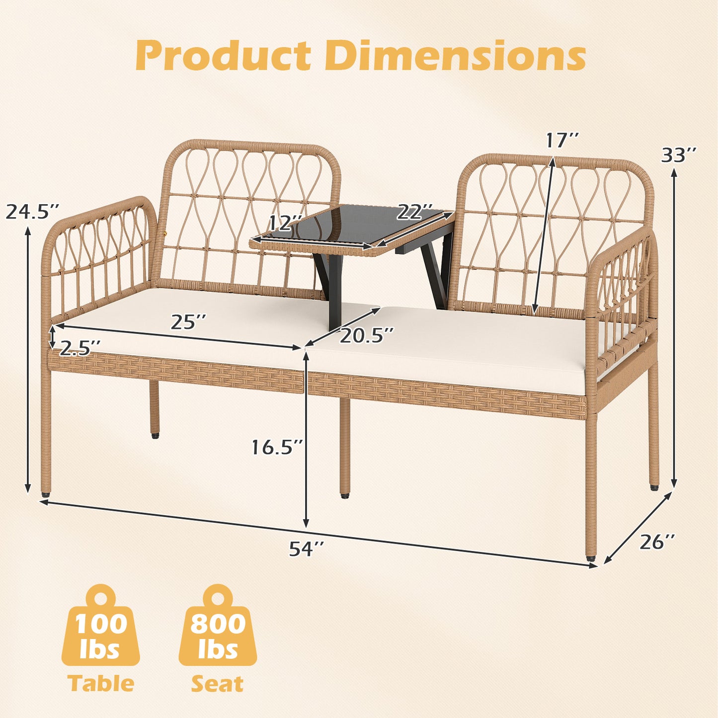 2-Seat Outdoor Loveseat with Built-In Coffee Table