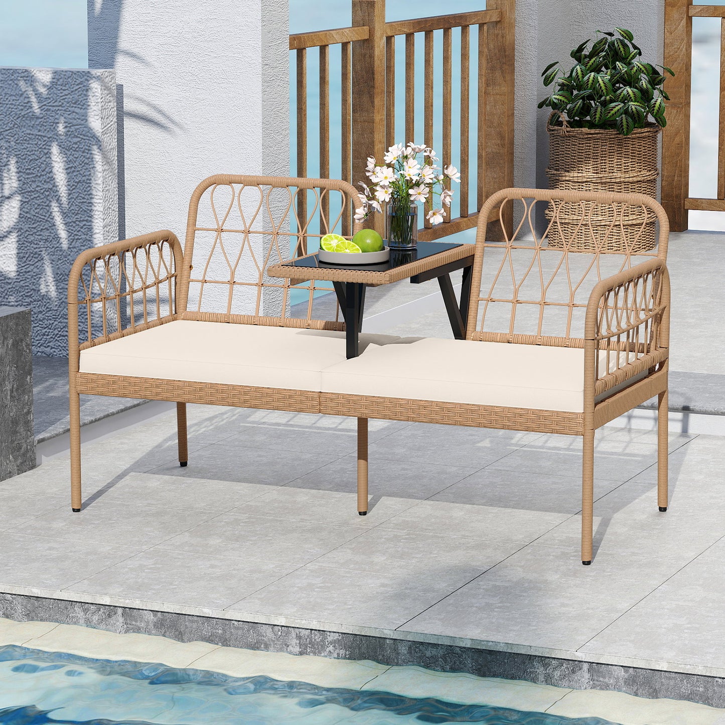 2-Seat Outdoor Loveseat with Built-In Coffee Table