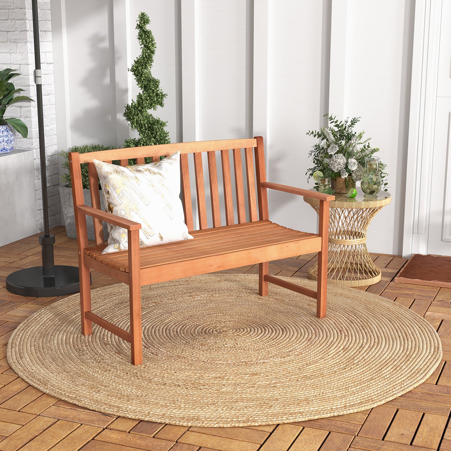 2-Seat Eucalyptus Wood Patio Bench with Armrests