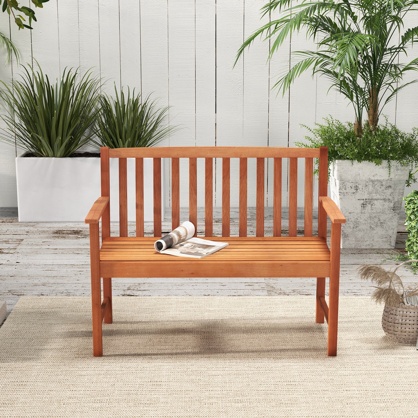 2-Seat Eucalyptus Wood Patio Bench with Armrests