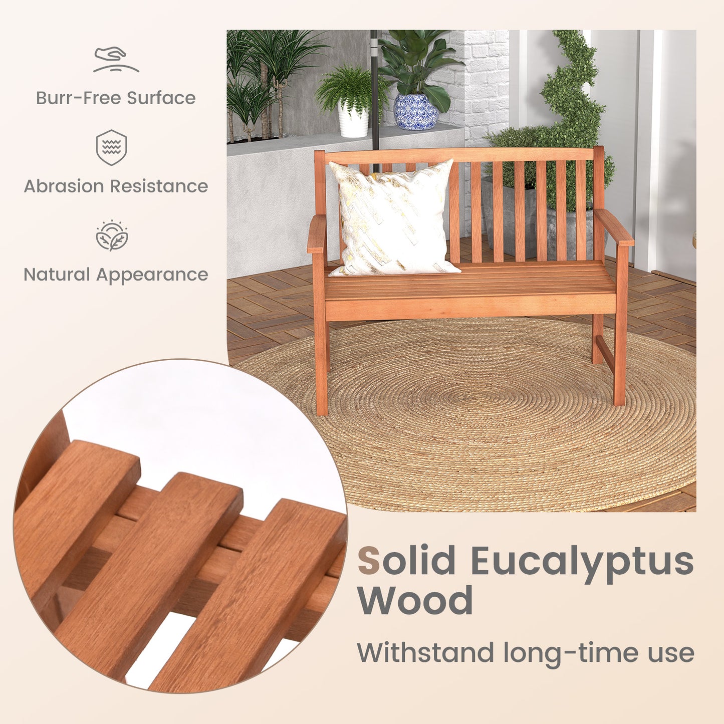 2-Seat Eucalyptus Wood Patio Bench with Armrests