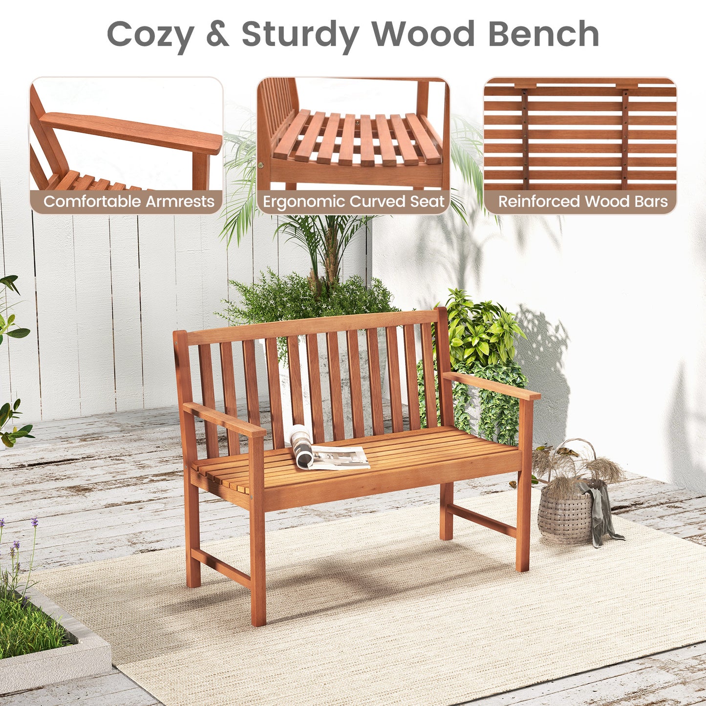 2-Seat Eucalyptus Wood Patio Bench with Armrests