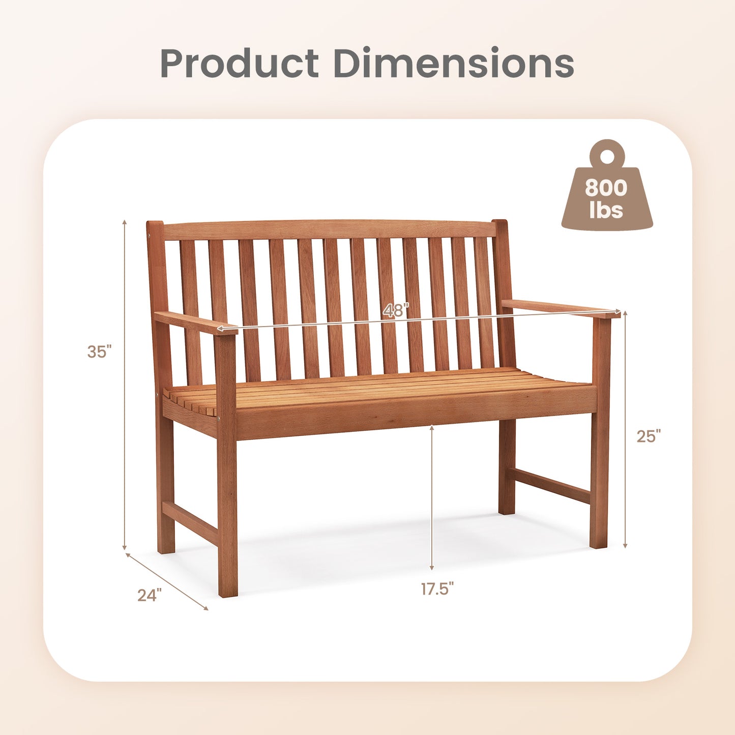 2-Seat Eucalyptus Wood Patio Bench with Armrests