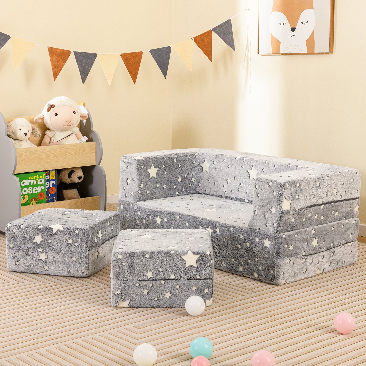 Kids Play Couch 2-Seater with Washable Flannel Cover