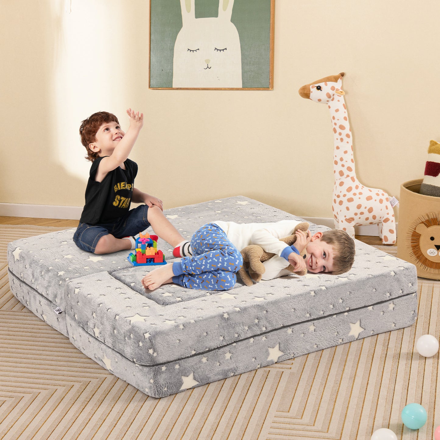 Kids Play Couch 2-Seater with Washable Flannel Cover