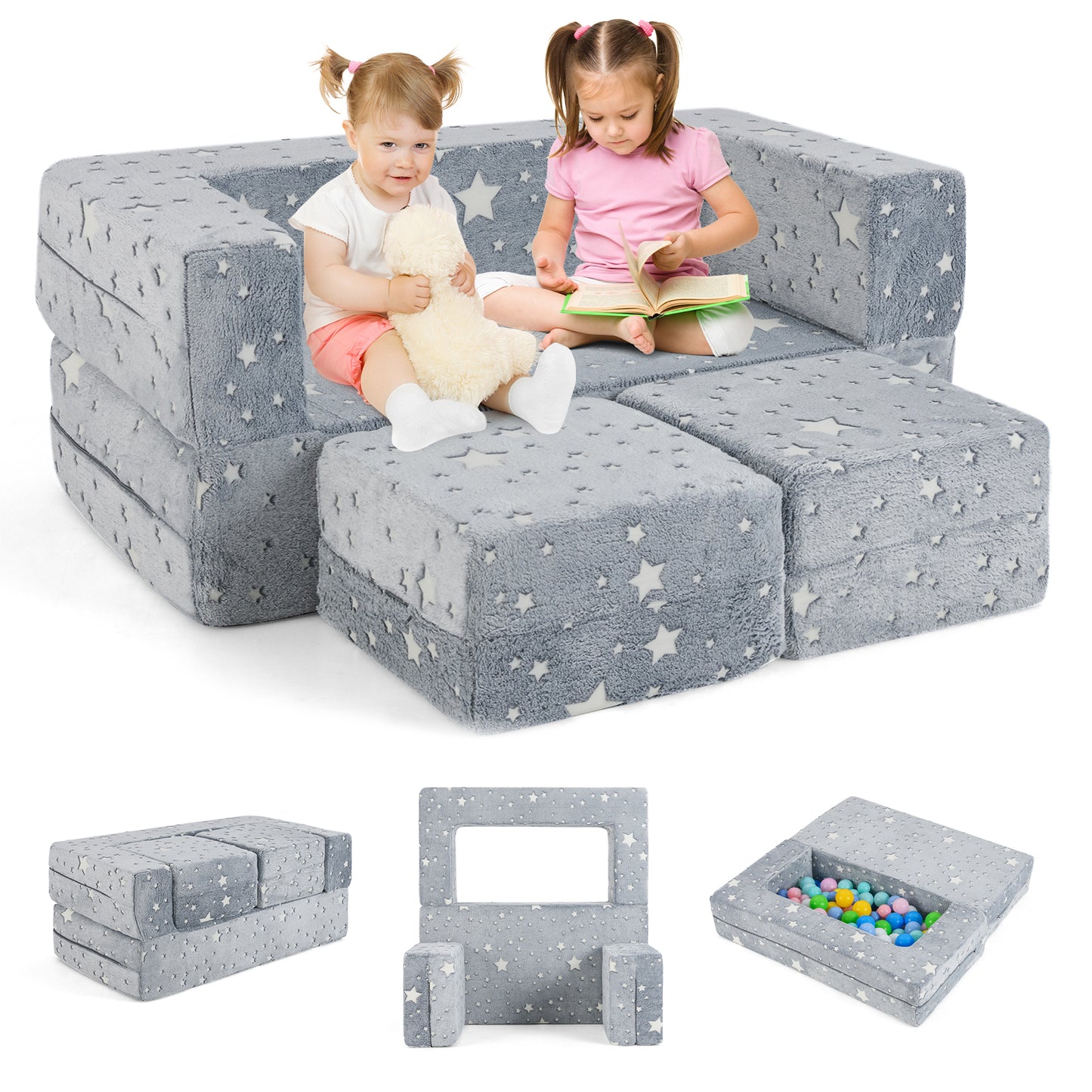 Kids Play Couch 2-Seater with Washable Flannel Cover