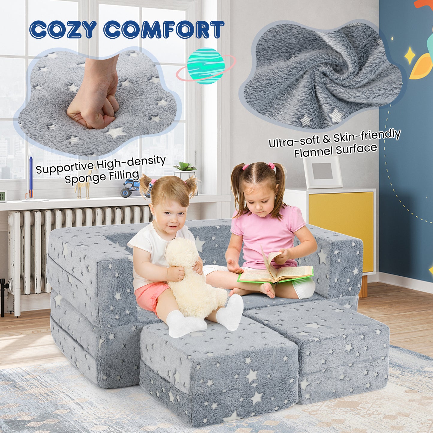 Kids Play Couch 2-Seater with Washable Flannel Cover