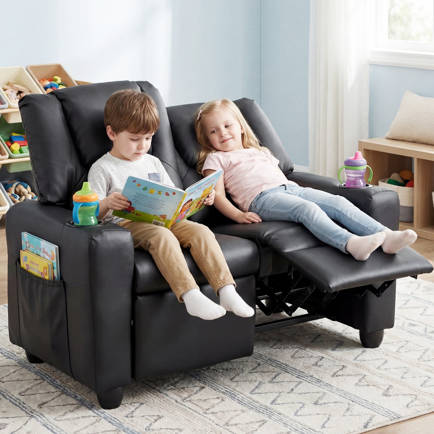 Kids Double Recliner Sofa with Cup Holders - 2 Seater