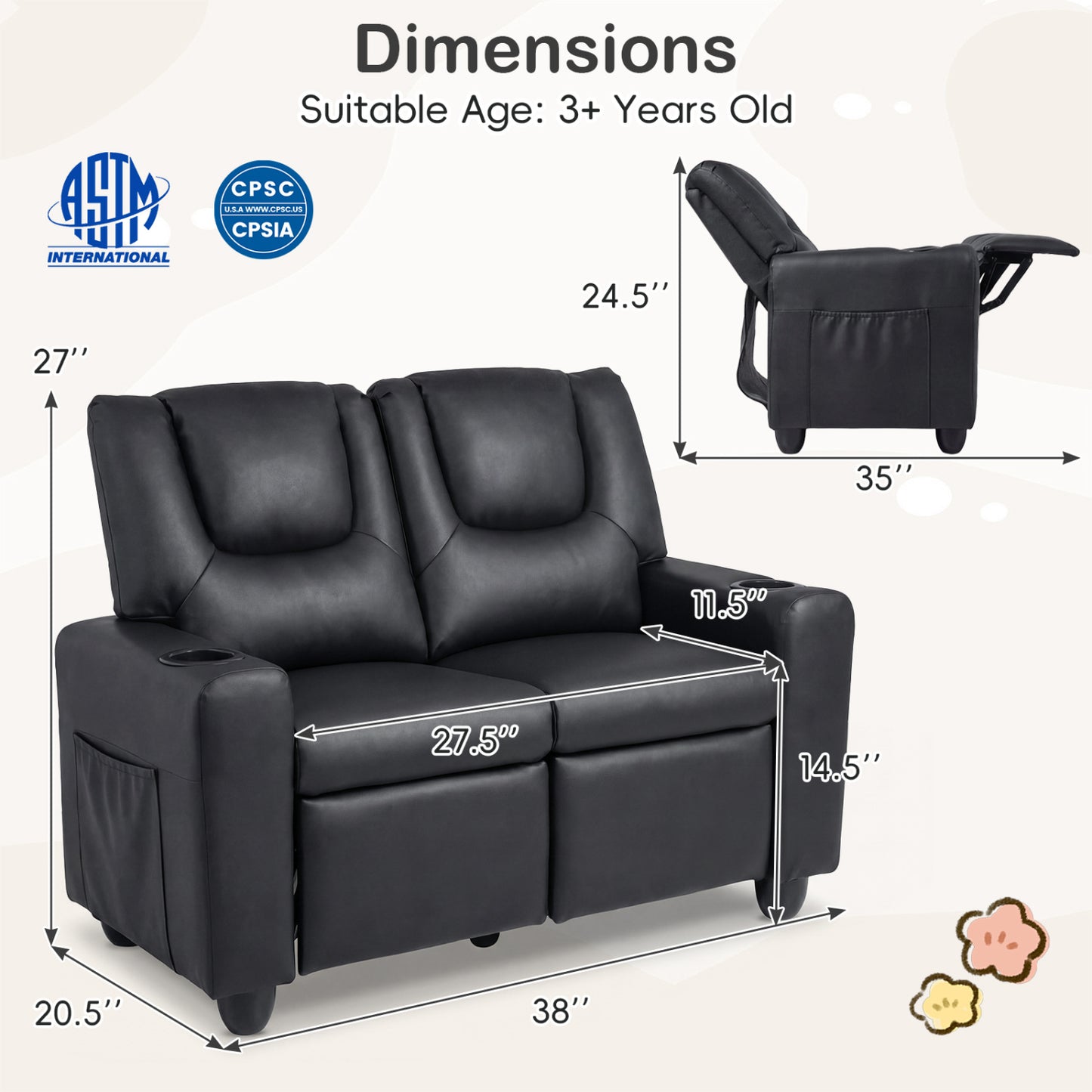 Kids Double Recliner Sofa with Cup Holders - 2 Seater