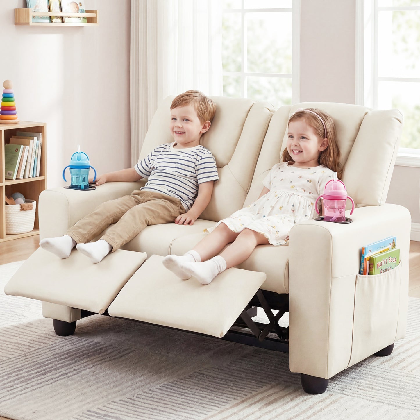 Kids Double Recliner Sofa with Cup Holders - 2 Seater