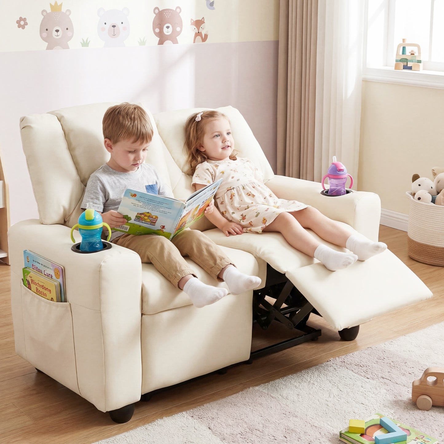 Kids Double Recliner Sofa with Cup Holders - 2 Seater
