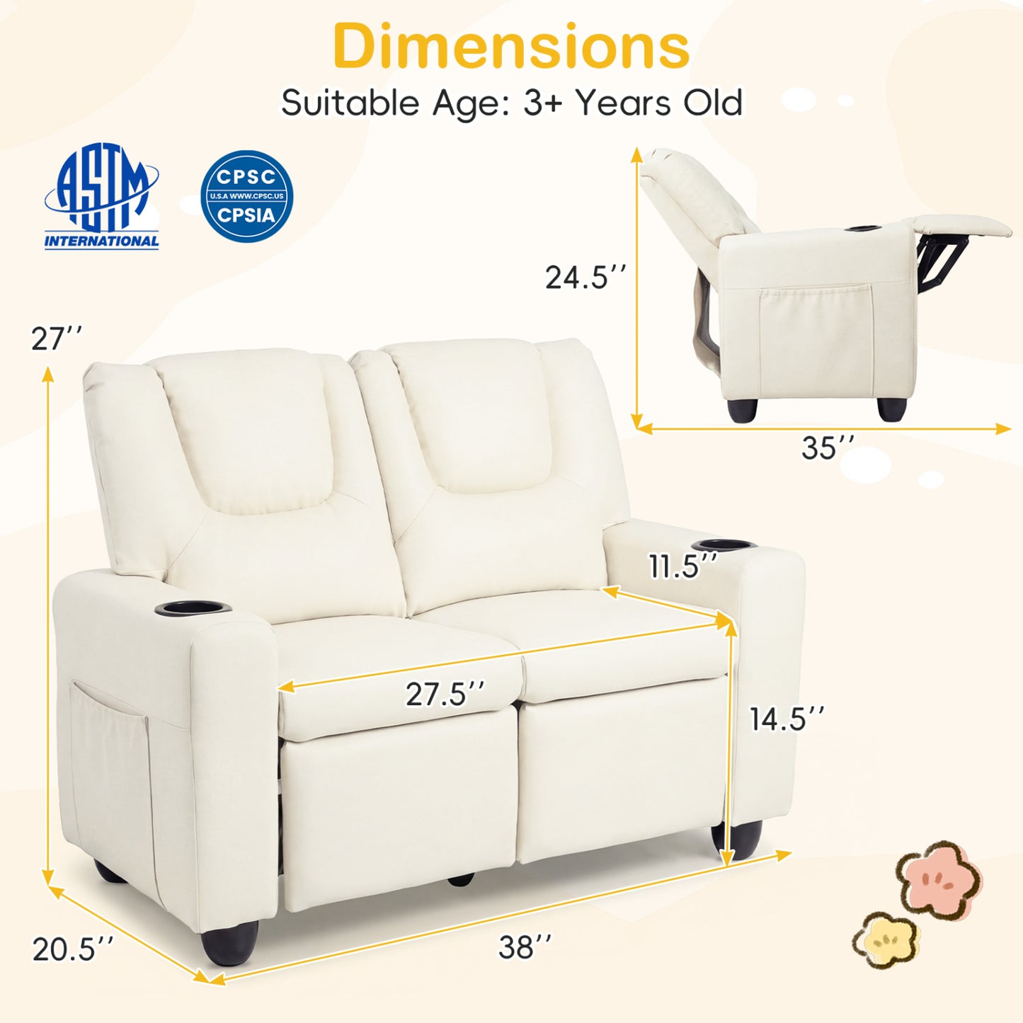 Kids Double Recliner Sofa with Cup Holders - 2 Seater