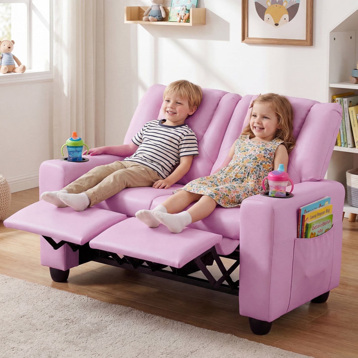 Kids Double Recliner Sofa with Cup Holders - 2 Seater
