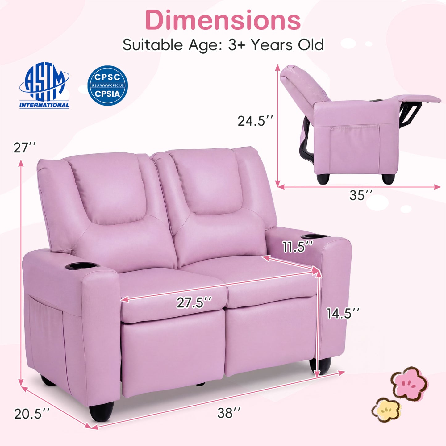 Kids Double Recliner Sofa with Cup Holders - 2 Seater