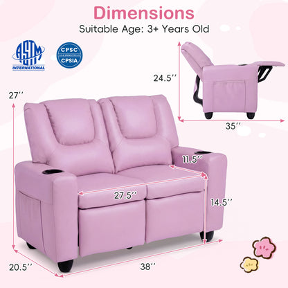 Kids Double Recliner Sofa with Cup Holders - 2 Seater