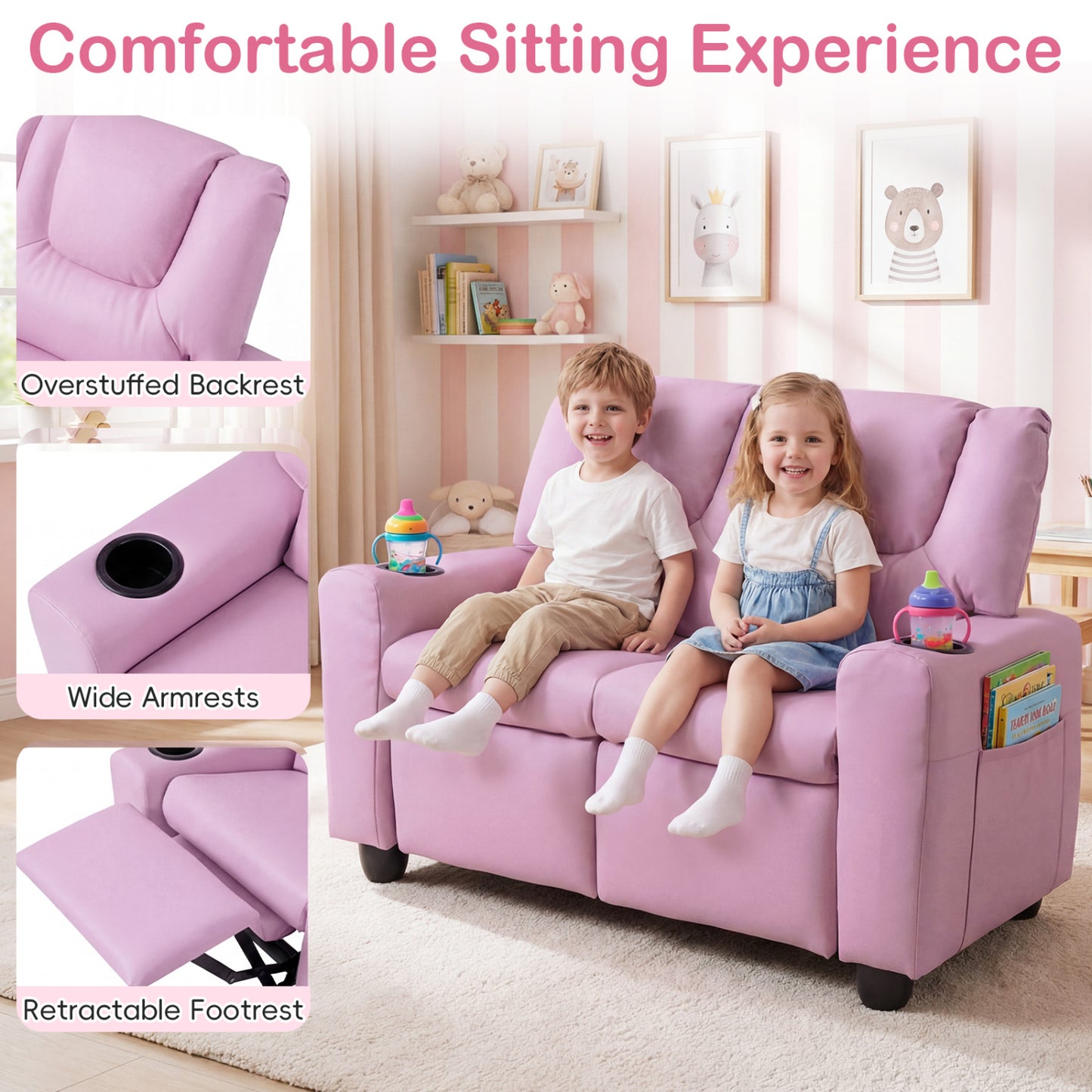 Kids Double Recliner Sofa with Cup Holders - 2 Seater