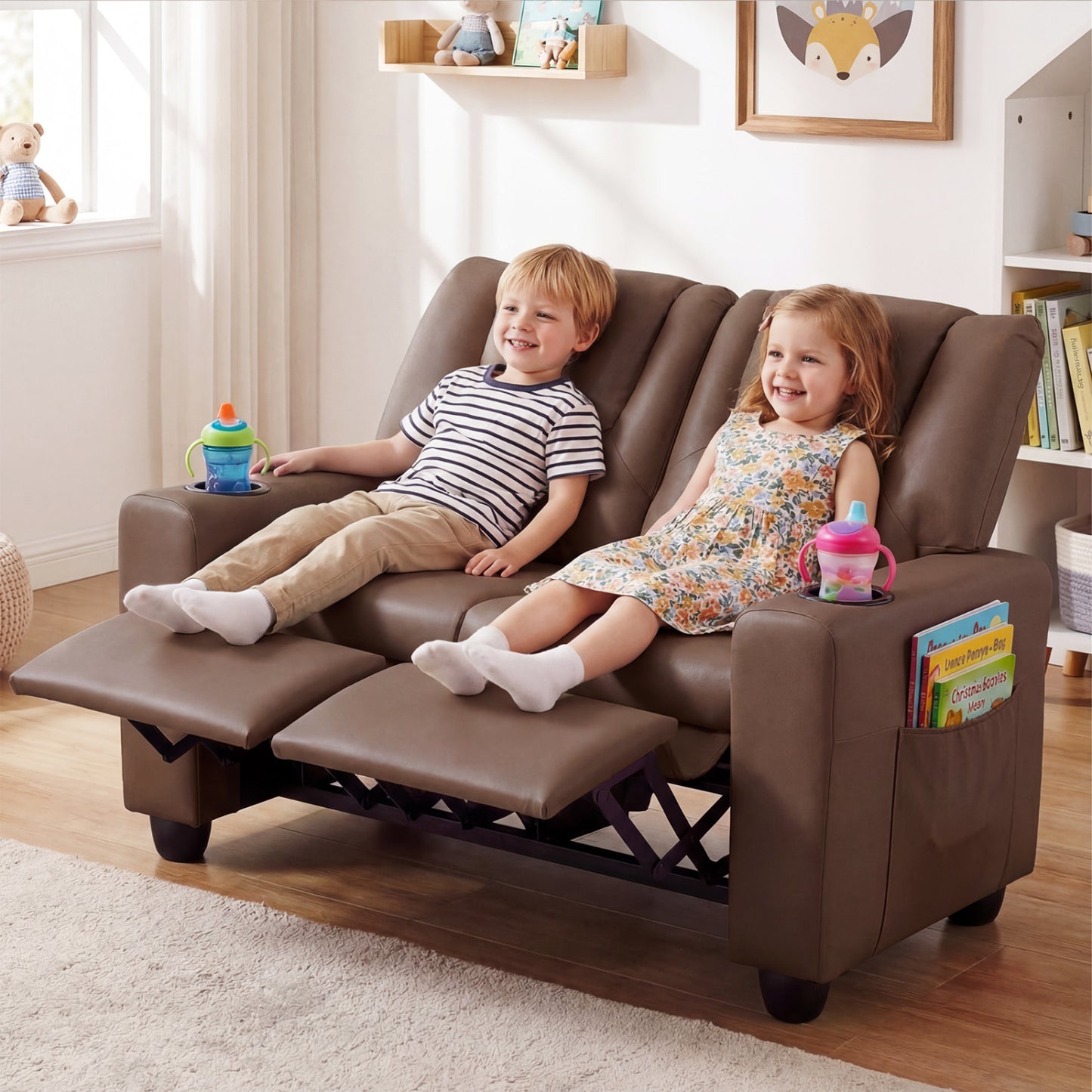 Kids Double Recliner Sofa with Cup Holders - 2 Seater
