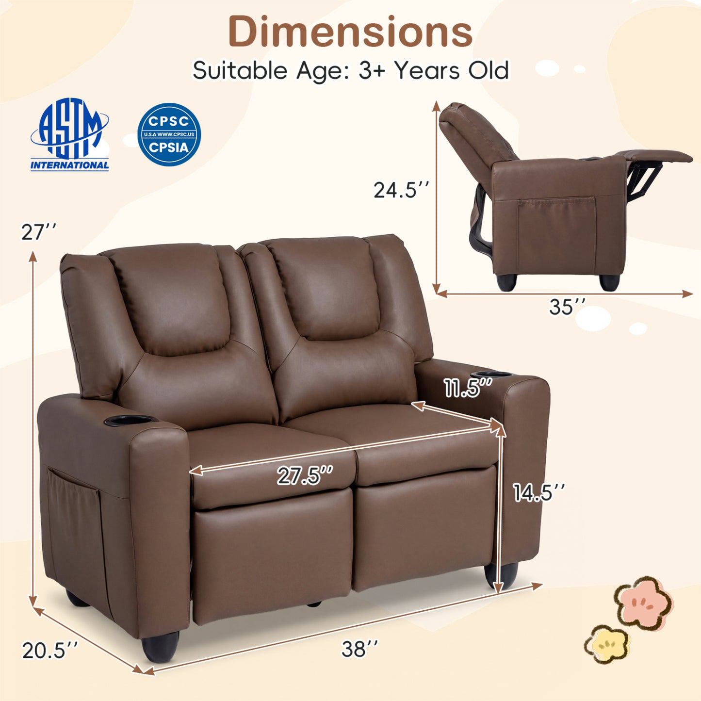 Kids Double Recliner Sofa with Cup Holders - 2 Seater