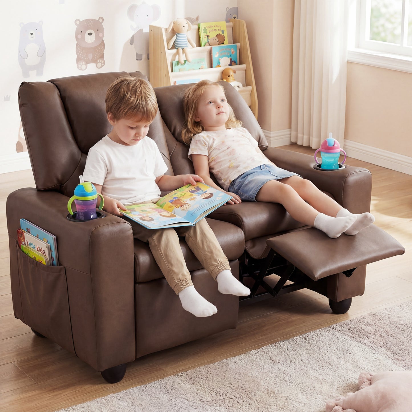 Kids Double Recliner Sofa with Cup Holders - 2 Seater