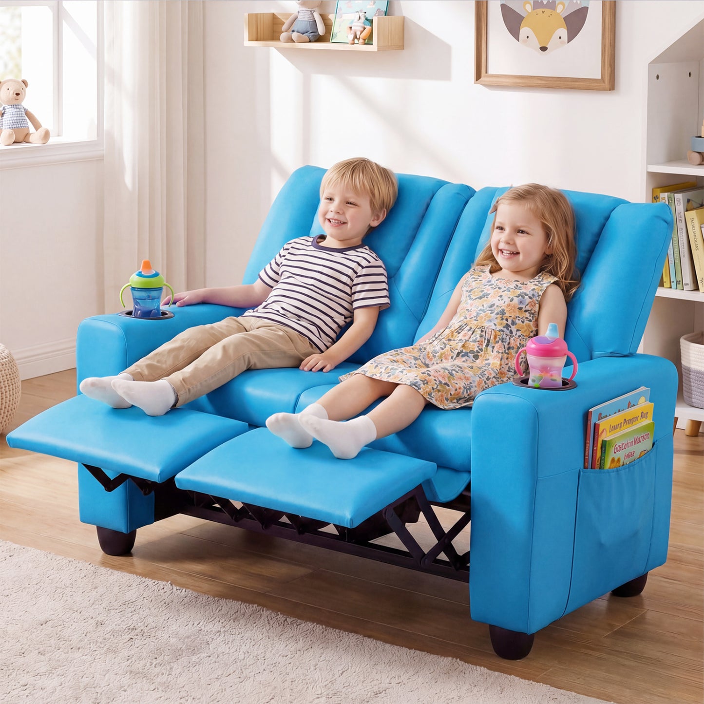 Kids Double Recliner Sofa with Cup Holders - 2 Seater