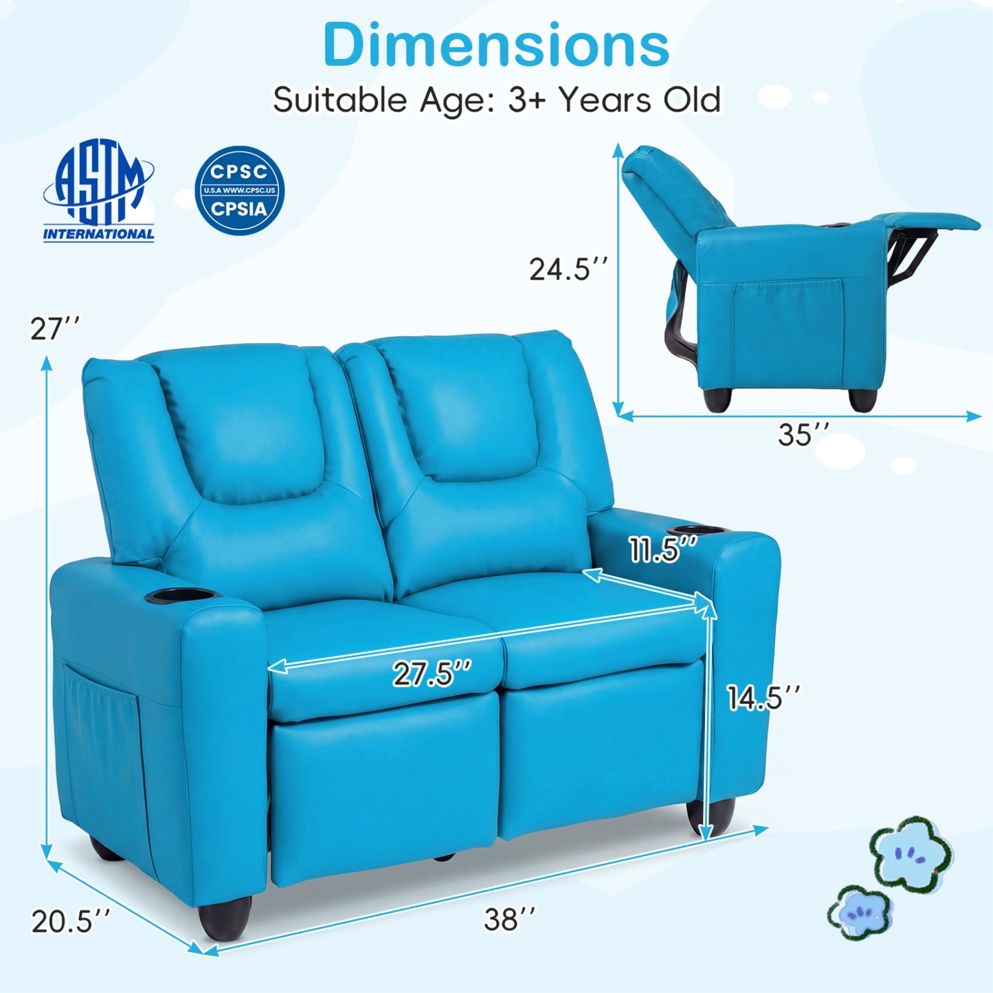 Kids Double Recliner Sofa with Cup Holders - 2 Seater