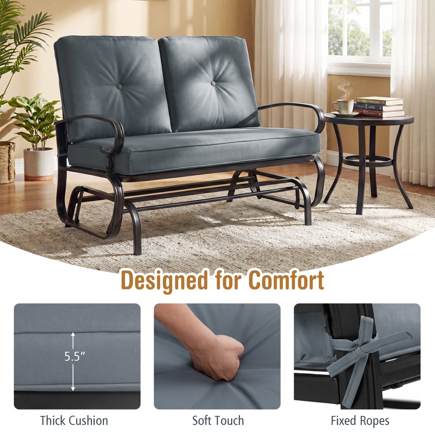 2-Seat Outdoor Swing Glider Chair with Cushions