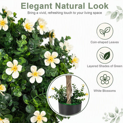 2-Set Artificial Topiary Trees 26 Inch Realistic Potted Plants with Blossoms-White