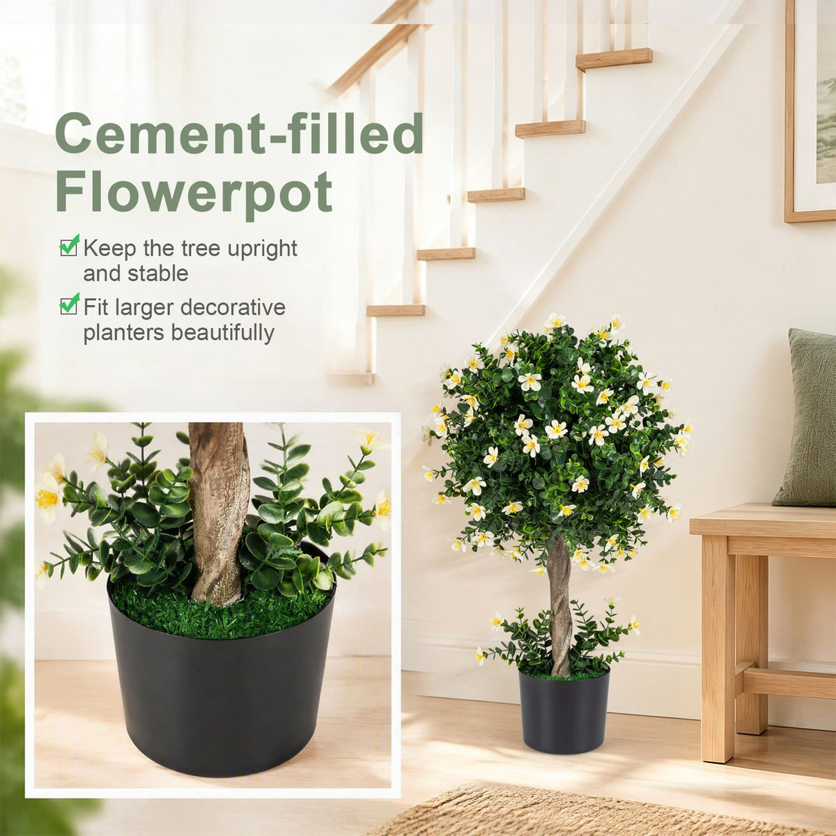 2-Set Artificial Topiary Trees 26 Inch Realistic Potted Plants with Blossoms-White