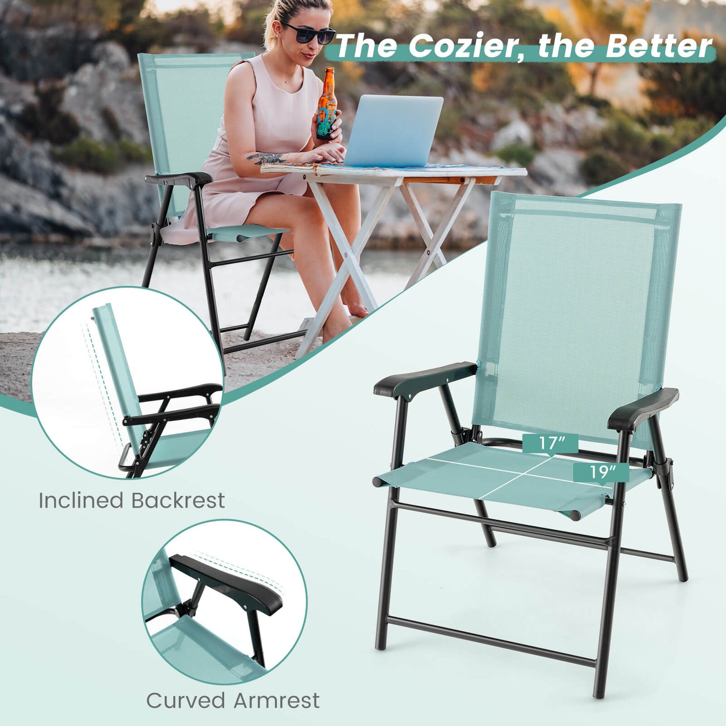 Folding Patio Dining Chairs Set of 2 with Armrests