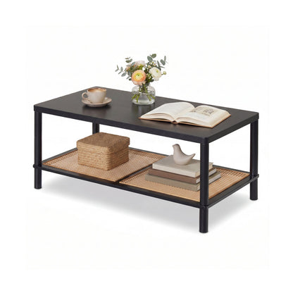 2-Tier Boho Coffee Table with Rattan Storage Shelf