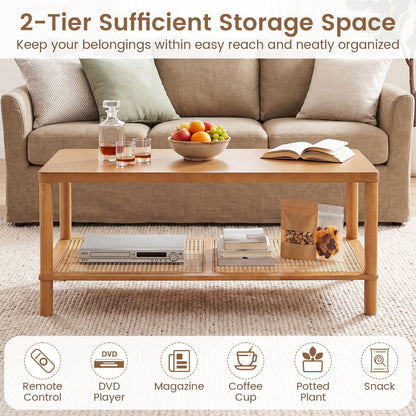 2-Tier Boho Coffee Table with Rattan Storage Shelf