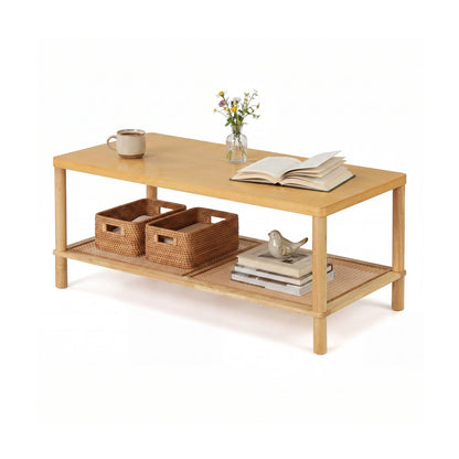 2-Tier Boho Coffee Table with Rattan Storage Shelf