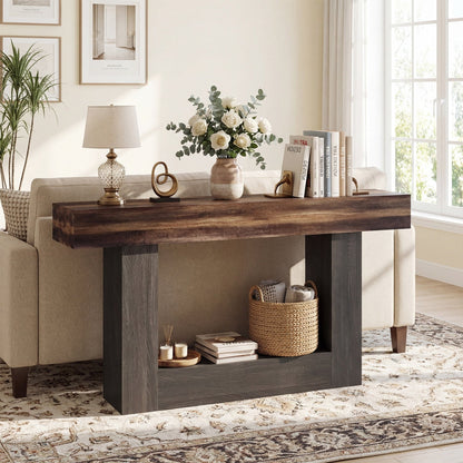 2-Tier Farmhouse Console Table 63" Long with Storage Shelf