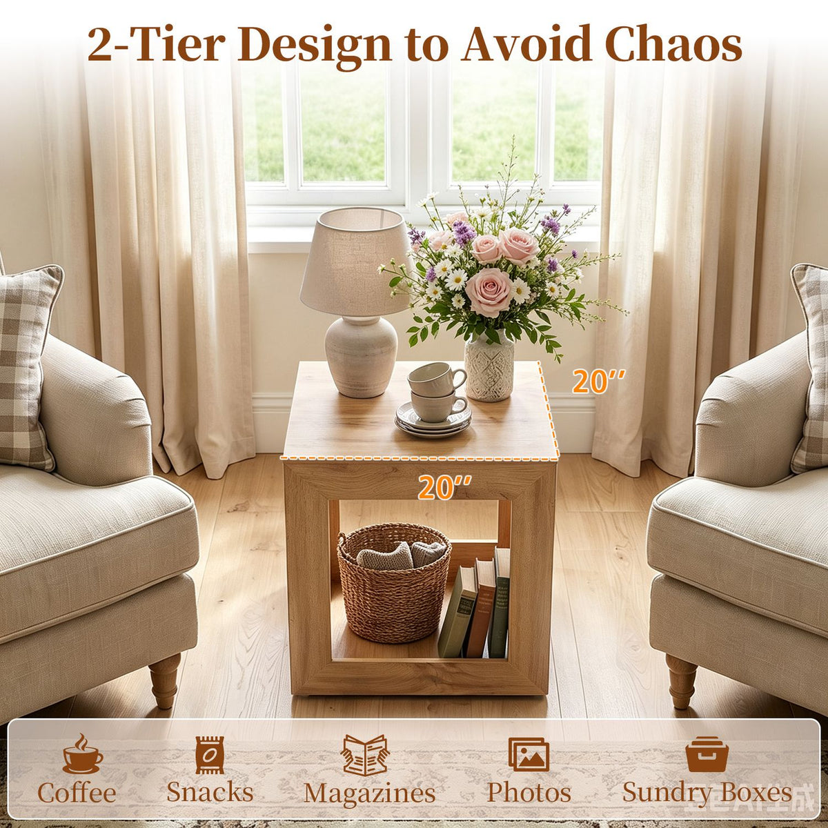 2-Tier Farmhouse End Table with Storage Shelf