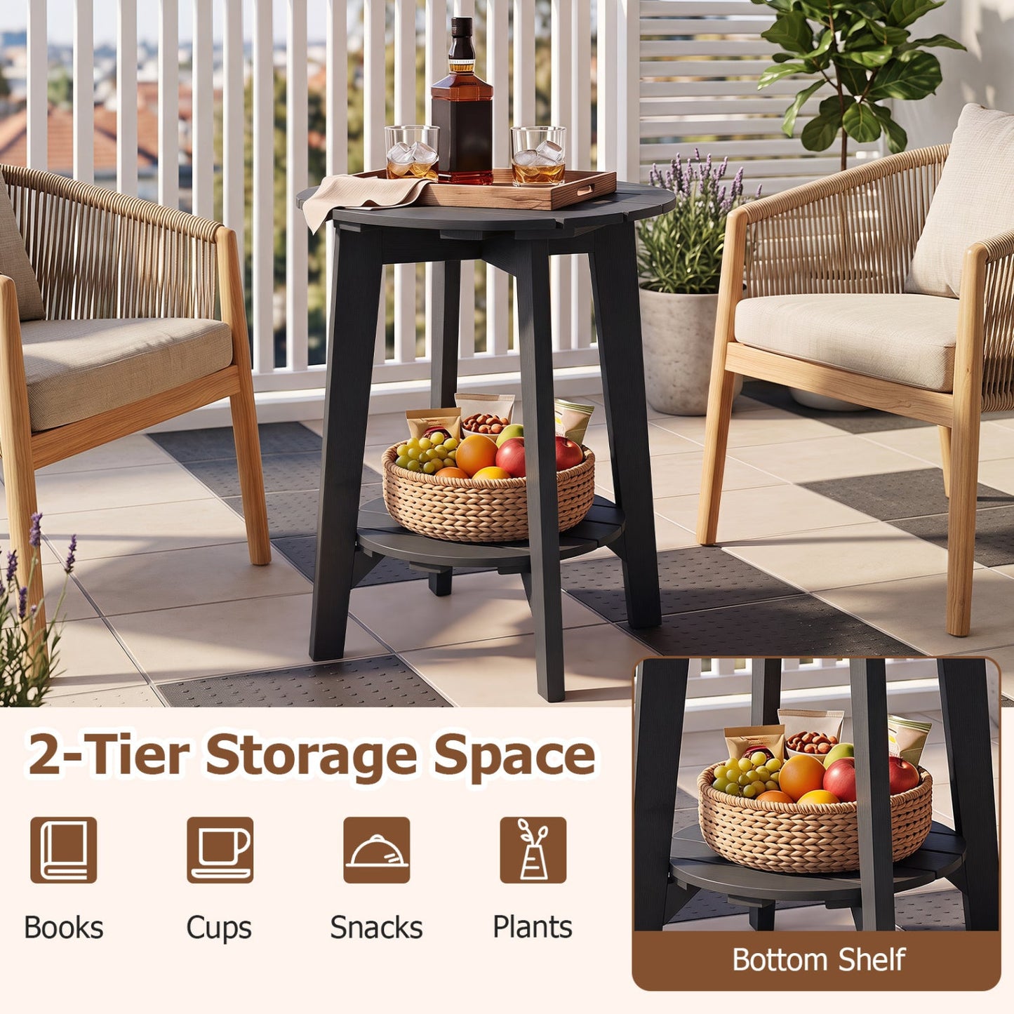 Eucalyptus Wood Outdoor Side Table with Storage Shelf