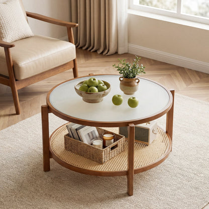 2-Tier Rattan Coffee Table with Frosted Glass Top