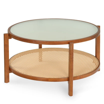 2-Tier Rattan Coffee Table with Frosted Glass Top