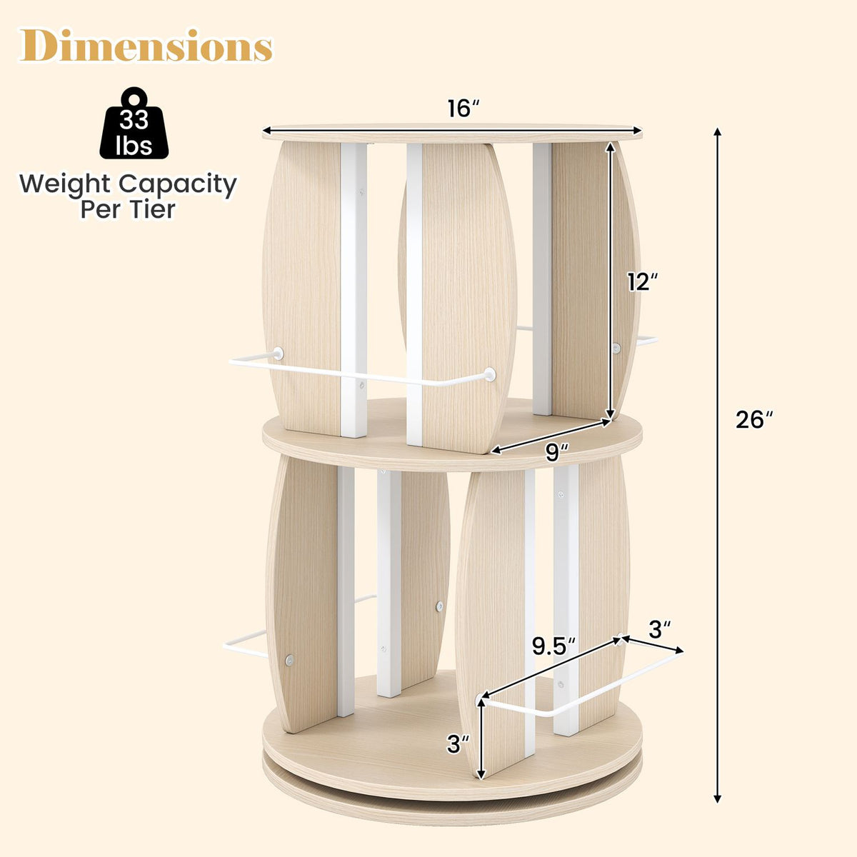2-Tier Rotating Bookshelf Tower with Display Stands and Side Rails-Oak